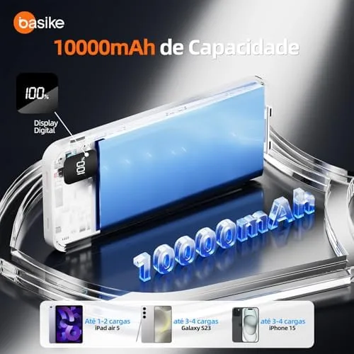 Basike Power Bank, Carregador Portátil Universal 10000mAh, USB-A(até 22.5W)+USB-C(até 20W), com 2 Cabos Integrados (USB-C, Lightning) Carregamento Rápido, Led Indicador de Bateria (Branco)