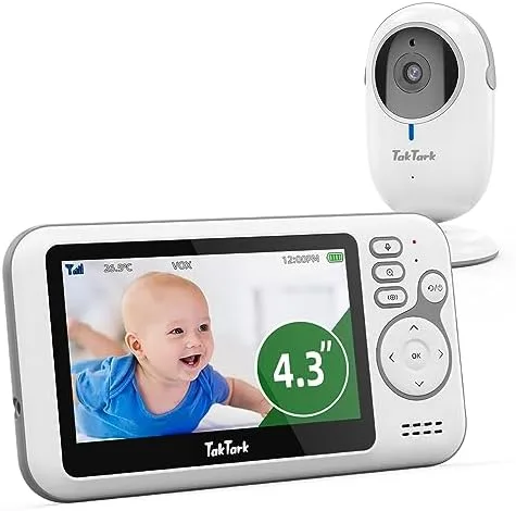 TakTark Babá Eletrônica Câmera, 4.3" Monitor de Bebe, Sem Wi-Fi, 2 Way Audio, Visão Nocturna, Zoom Digital, Economia de energia VOX, Temperatura ambiente, Ideal para Pais Novos