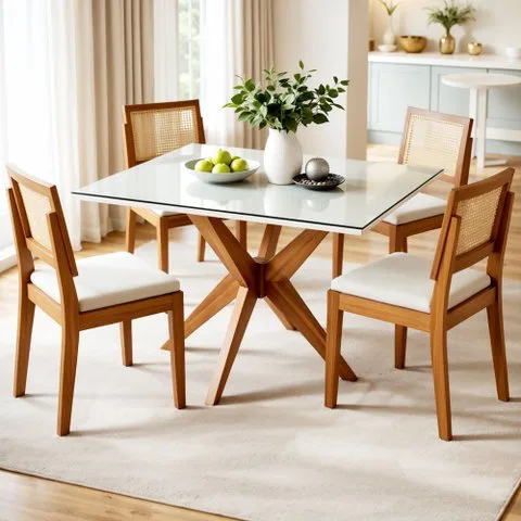 Conjunto Sala de Jantar Mesa Donna com 4 Cadeiras Rainha em Madeira Maciça