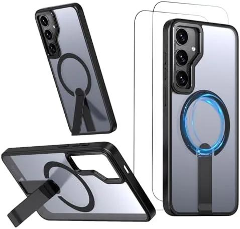 Capa para Samsung Galaxy S25 FE Capinha - Compatível com MagSafe, com protetor de ecrã temperado de 2 peças, estojo ultrafino resistente a choques e quedas com suporte ajustável - Preto