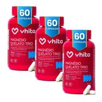 Magnésio Dimalato Quelato, Taurato e Bisglicinato 3 em 1 com Vitamina B6 320mg Vhita, 3 potes com 60 cápsulas