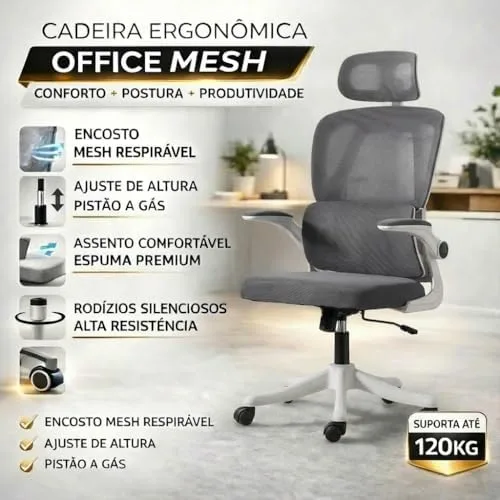 BlidShop Cadeira de Escritório Ergonômica Veneza, Tela Mesh Respirável, Suporte Lombar, Reclinável, Altura Ajustável, Capacidade 120kg (Branca e Cinza)