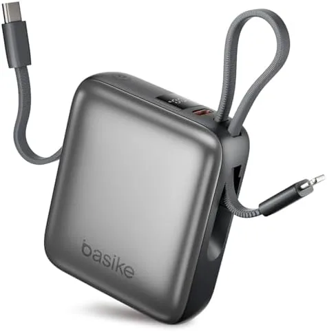 Basike Carregador Portátil 10000mAh, Mini Power Bank com Cabos Integrados, Carregamento Rápido 22.5W(MAX), Pequeno, Led Indicador de Bateria para iPhone/Samsung/Huawei/Xiaomi, etc (Cinza)
