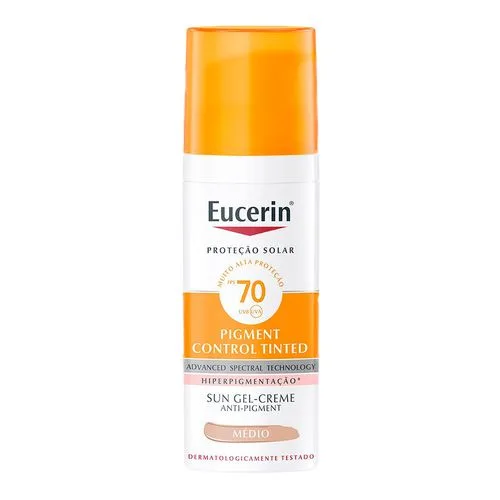 Protetor Solar Facial Eucerin FPS 70 Sun Pigment Control Antimanchas Tinted Médio 50ml Gel Creme - Drogarias Pacheco