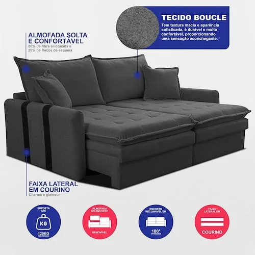 Sofá Baú Sem Caixa Retrátil 2,00m SoftGel Bonnie. Boucle Cama inBox - Grafite