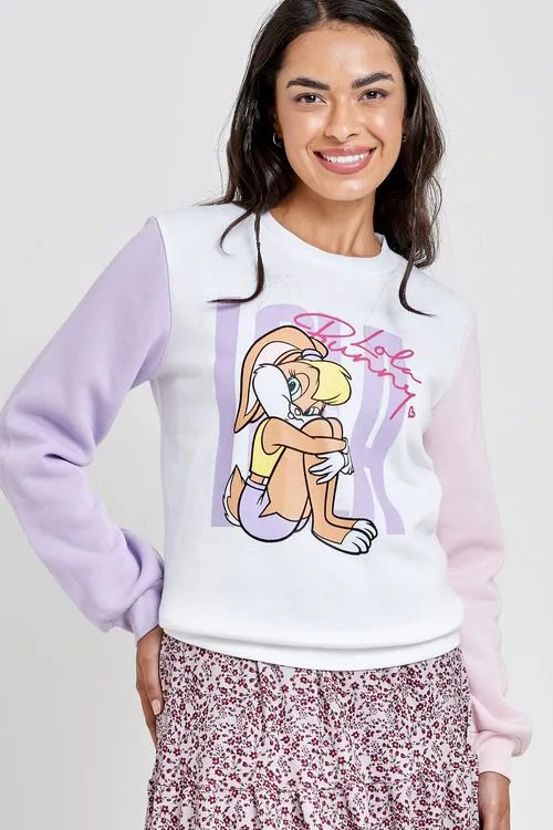 Blusão Moletom Feminino Branco Lilás Rosa Lola Bunny