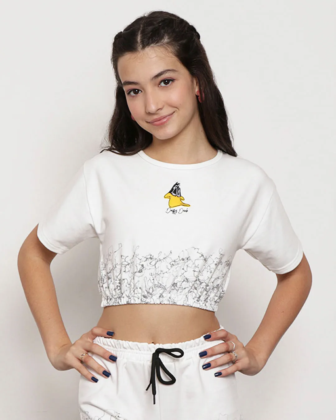 Blusa Juvenil Manga Curta Cropped Bordado Patolino Warner Off White