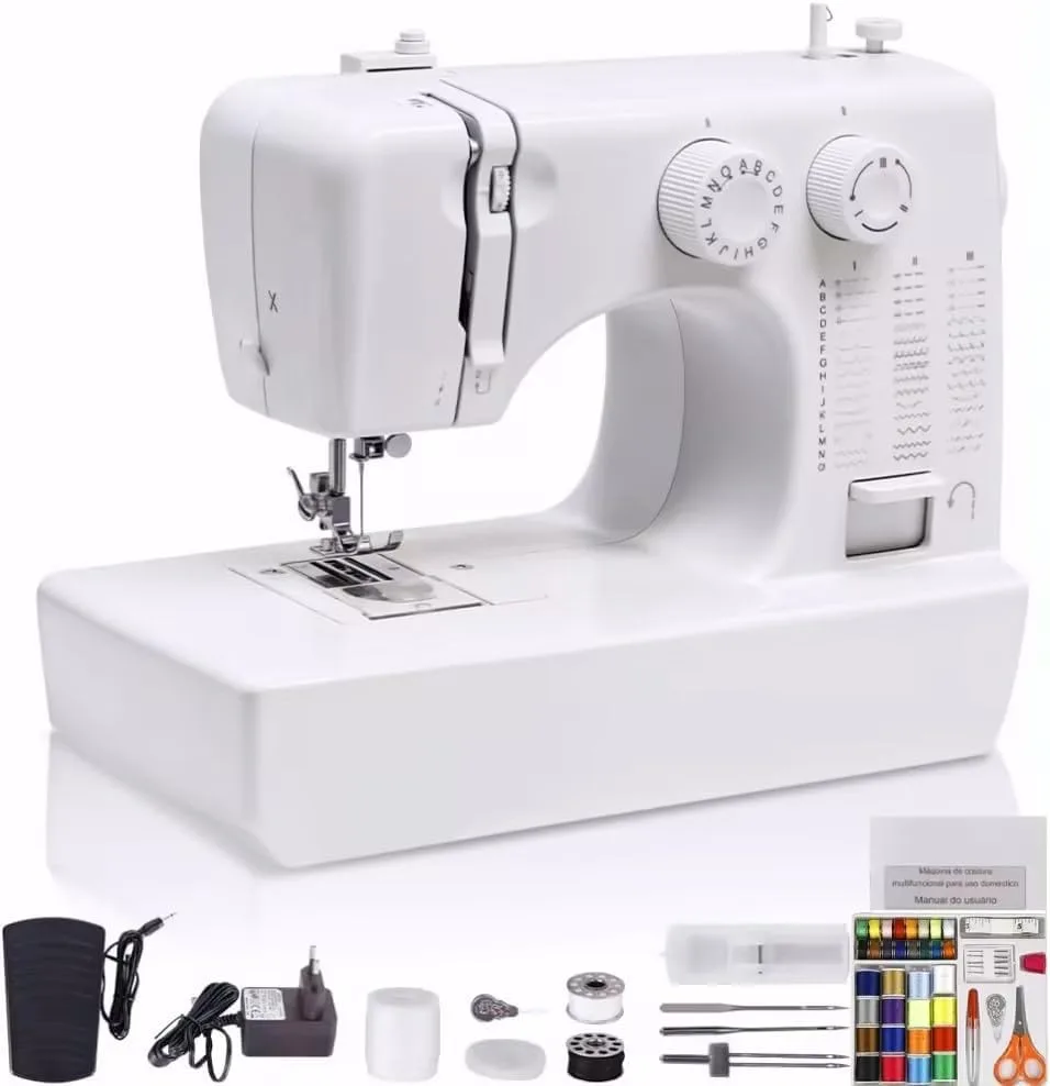Máquina de Costura Portátil, 45 Pontos, Agulha Dupla, 350 Pontos/Min, Mesa Extensora, Bivolt 110V-220V, Branco