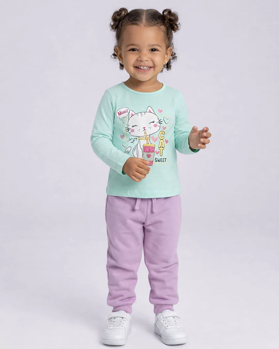 Blusa Bebê Estampa Gatinho Manga Longa Verde
