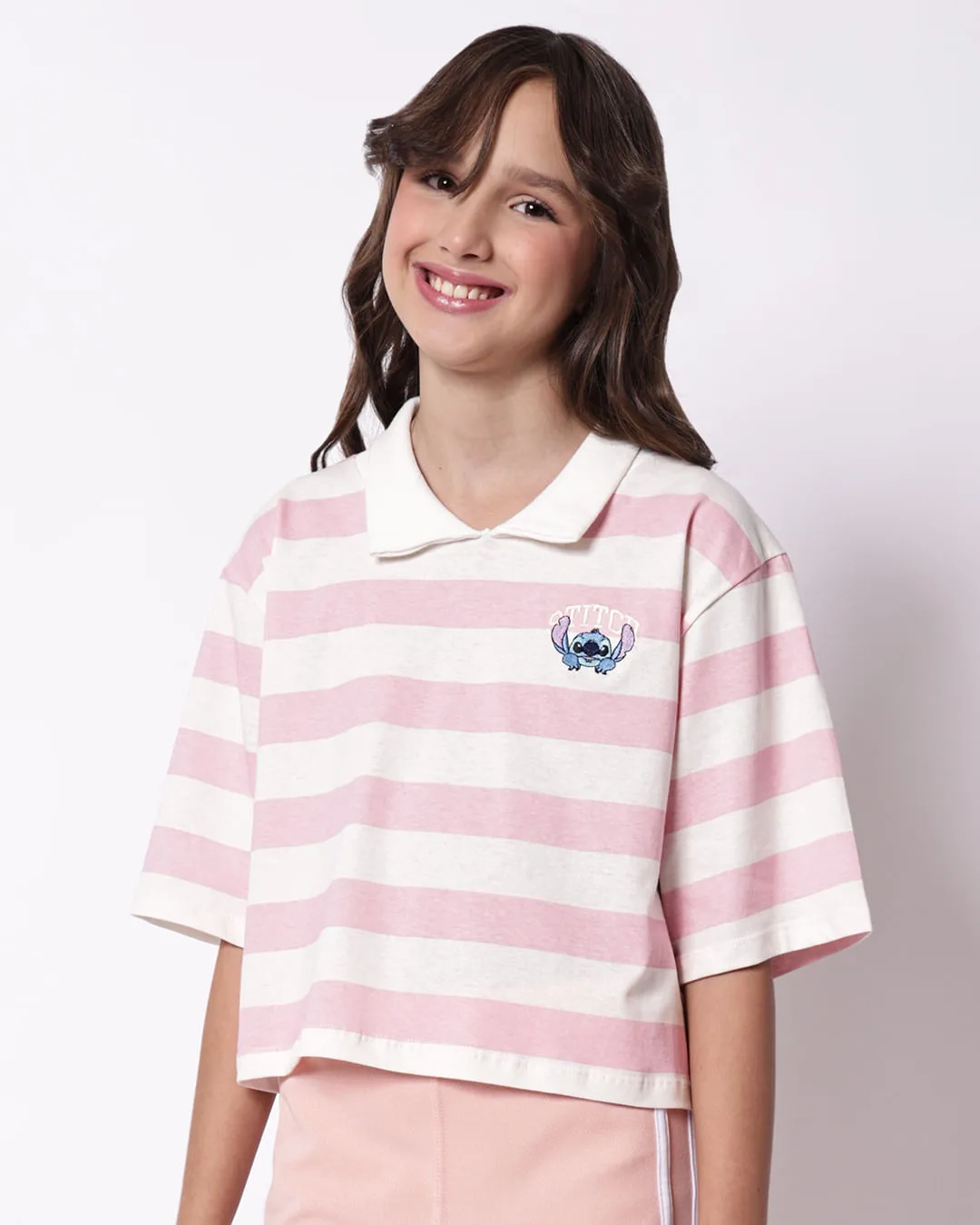 Camisa Polo Juvenil Cropped Algodão Listrado Stitch Rosa