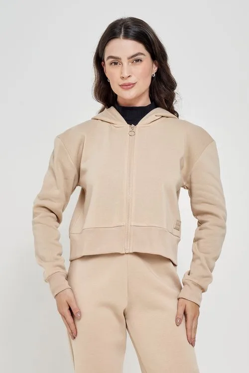 Blusão Moletom Cropped Feminino Bege Claro com Zíper e Capuz