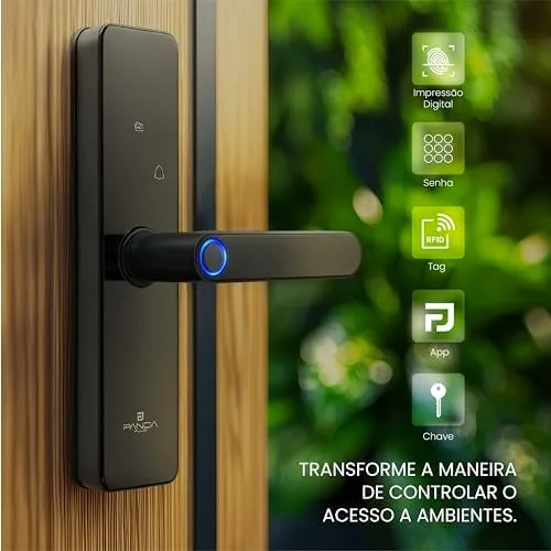 Fechadura Digital Biométrica Wifi Inteligente AMG-F01 Alumínio Preto Mortise 50x50 Teclado Touch Senha Cartão Tag Biometria App Tuya PandaPlus Alexa Google Assistente Residencial Comercial