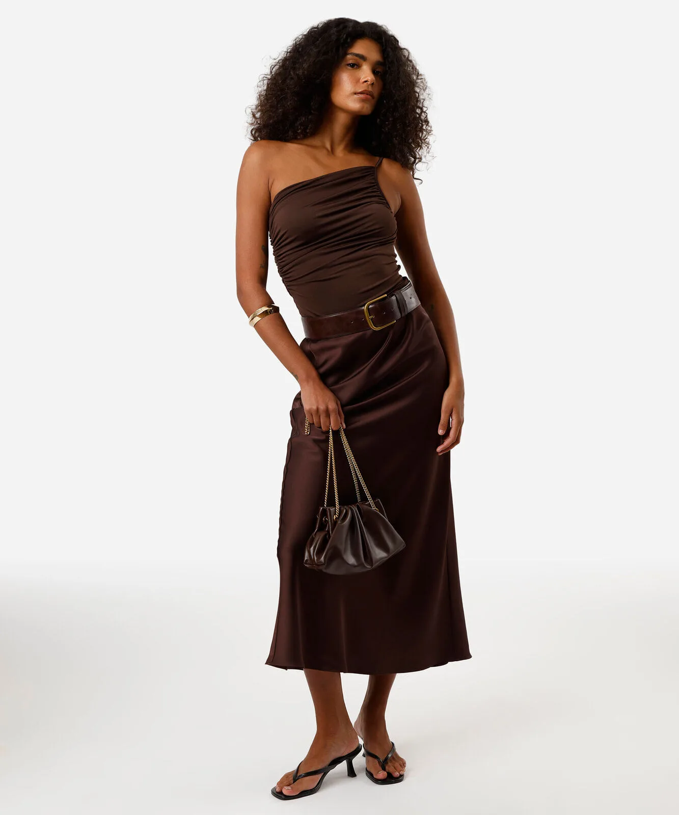 saia midi feminina acetinada marrom