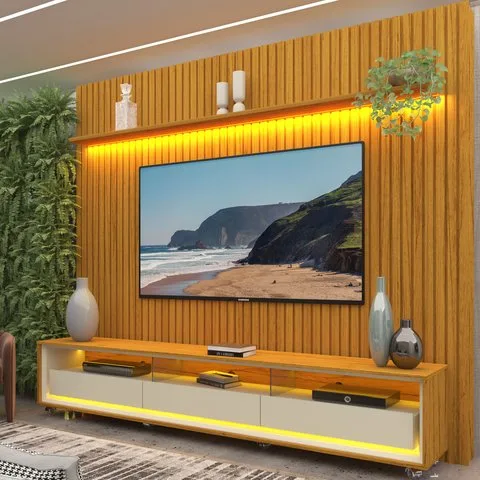 Rack com Painel Ripado para TV até 90 Polegadas com LED 100% MDF 230cmx250cm 3 Gavetas com Rodízios