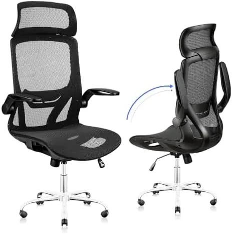 Cadeira de Escritório Ergonômica com Ajuste de Apoio de Cabeça, Braços Articuláveis e Encosto em Tela Respirável — Cadeira Giratória Executiva de Encosto Alto para Conforto Durante Todo o Dia