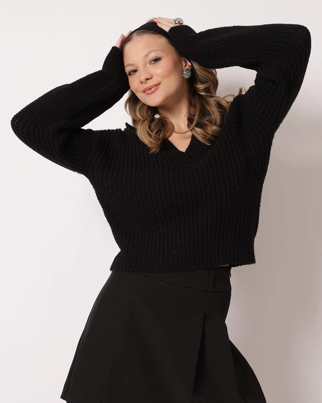Suéter Feminino Tricô Gola Polo Preto