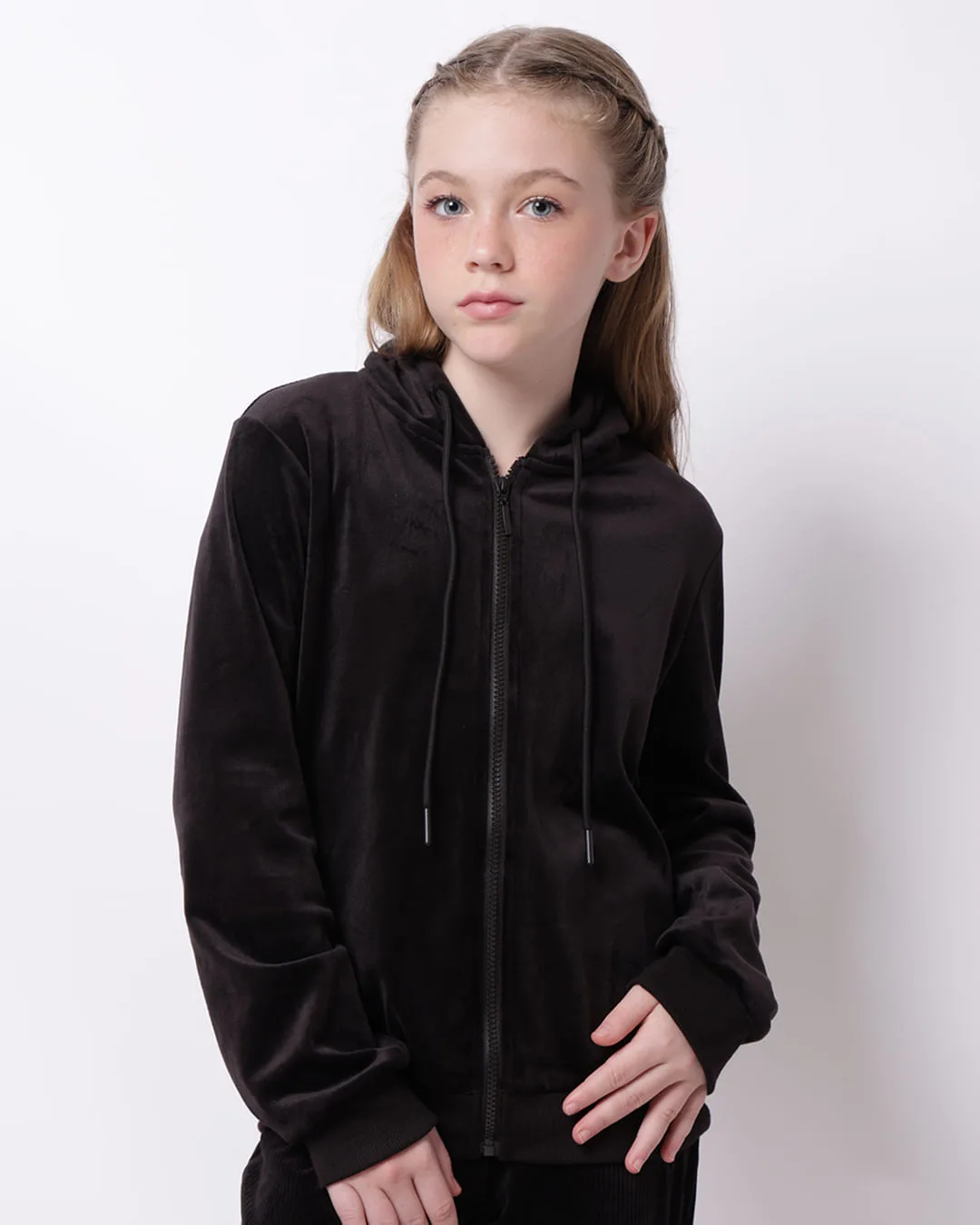 Jaqueta Moletom Juvenil Plush com Capuz Preta