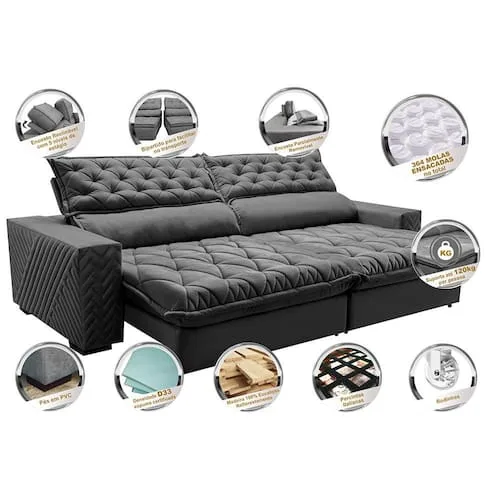 Sofá Retrátil e Reclinável 3,15m Molas Ensacadas Cama inBox Spazus. com Bordado 3D Velusoft - Cinza