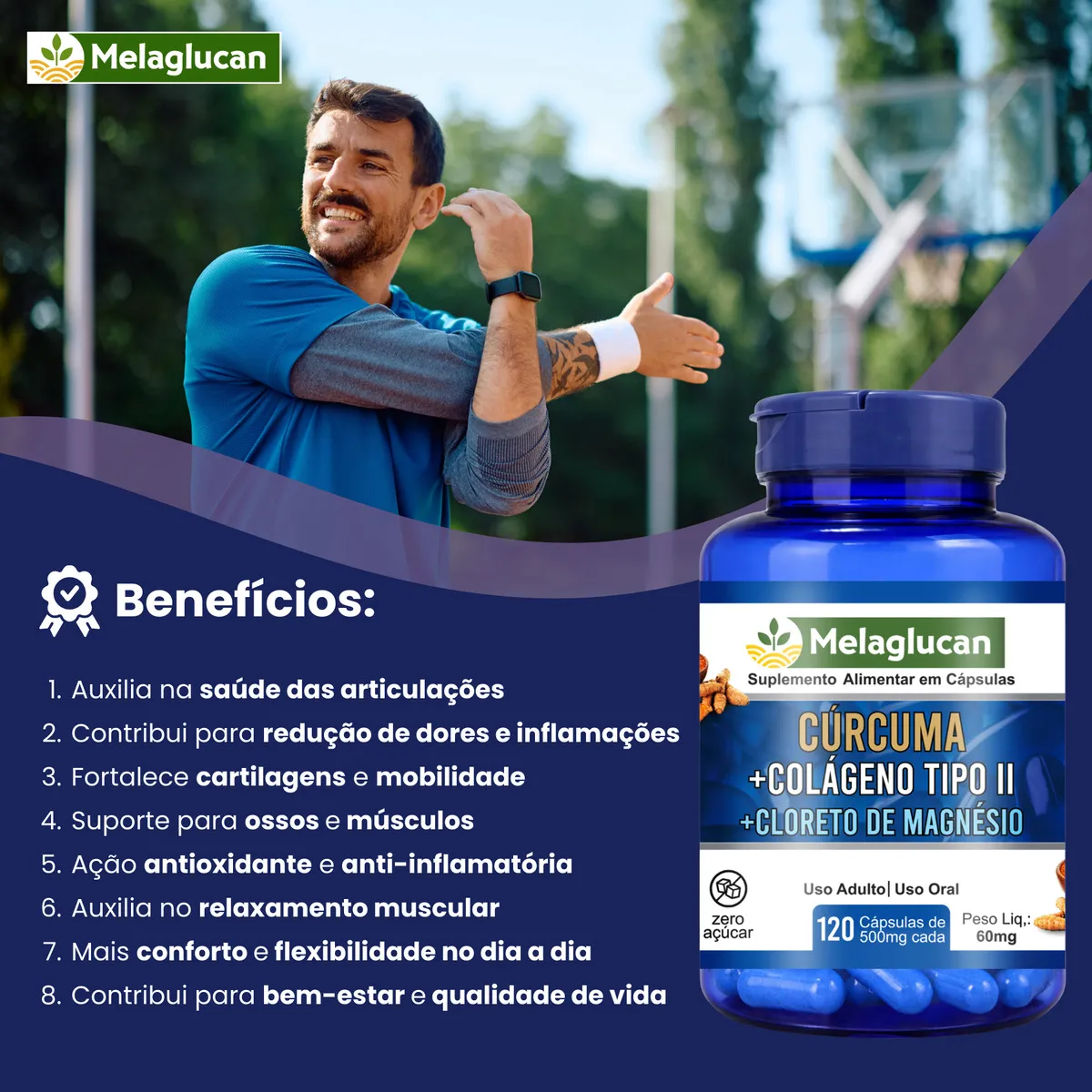 Cúrcuma + Colágeno Tipo 2 + Cloreto De Magnésio 120 Cápsulas 500mg Cada Suplemento Para Articulações Ossos E Cartilagens Anti-inflamatório Natural Mobilidade E Saúde Articular Premium Marca Melaglucan