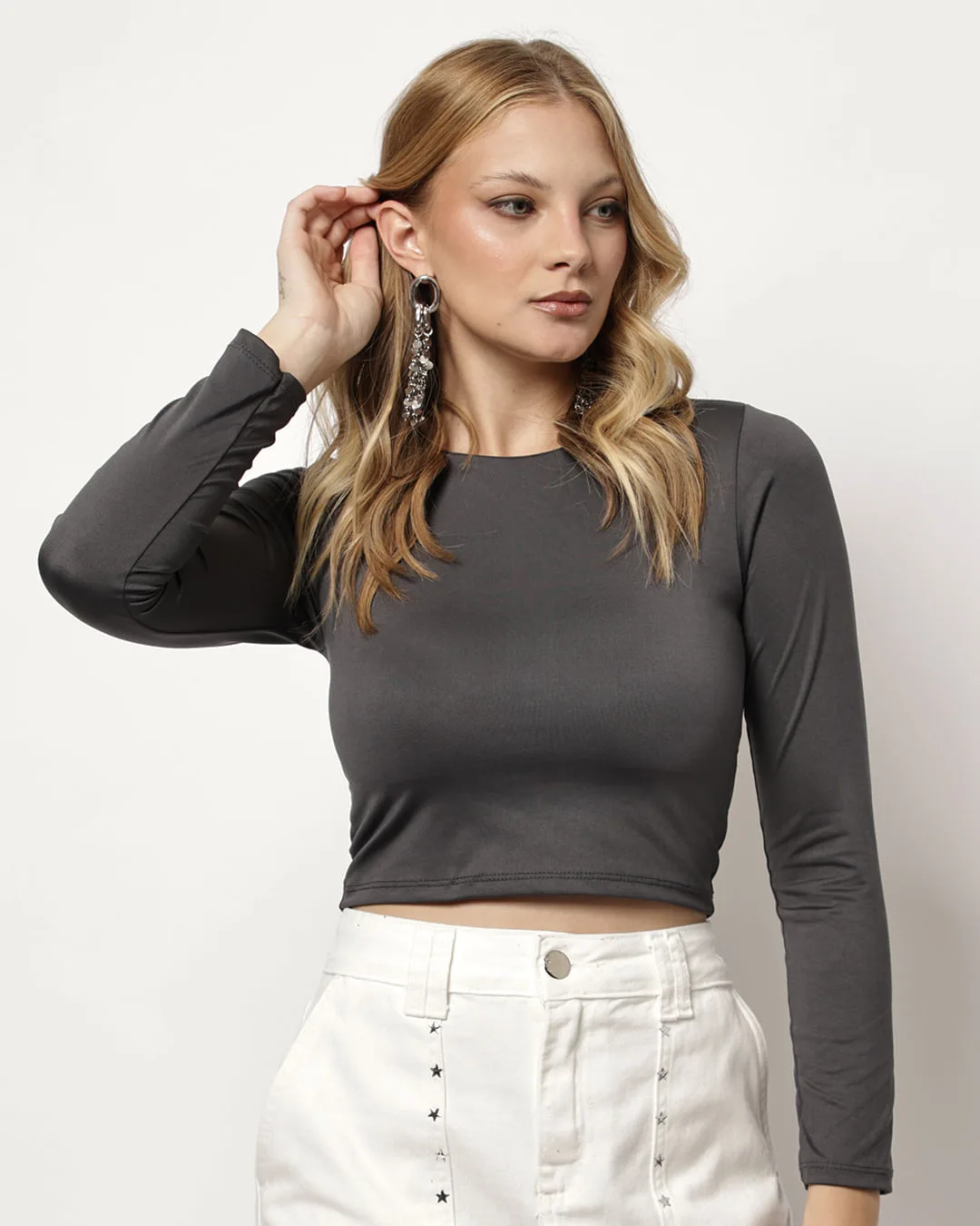 Blusa Cropped Feminina Manga Longa Cinza