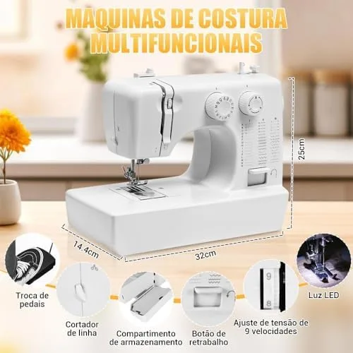 Máquina de Costura Portátil, 45 Pontos, Agulha Dupla, 350 Pontos/Min, Mesa Extensora, Bivolt 110V-220V, Branco