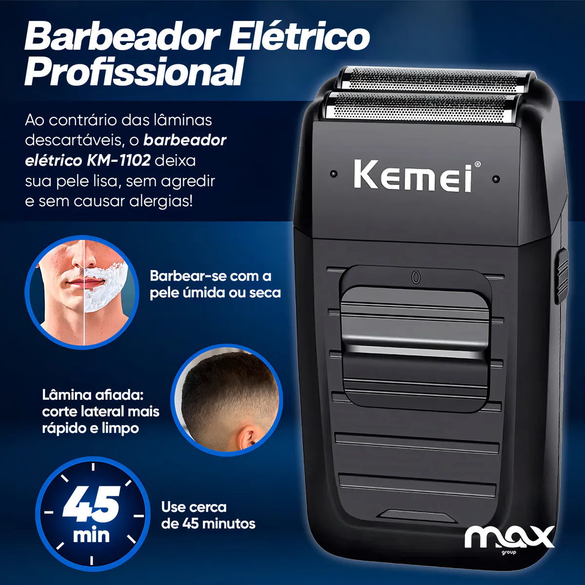 Barbeador Kemei Km-1102 Preto Máquina de Barbear Aço Inoxidável USB