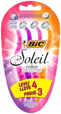 BIC Aparelho De Depilar Soleil Rosa Roxo E Laranja Leve 4 Pague 3 - 930183 - Dupla Fita Lubrificante Com Leite De Coco