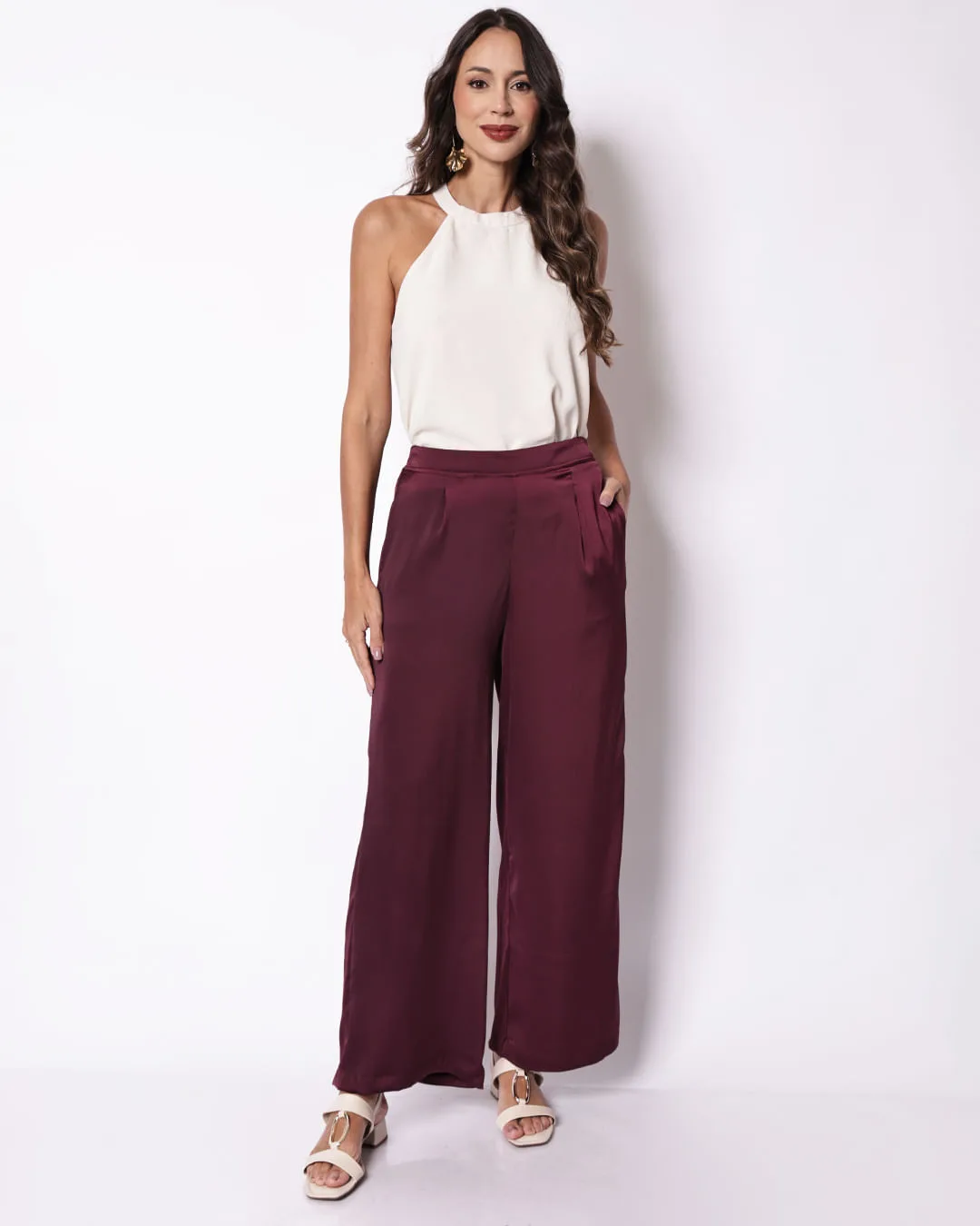 Calça Feminina Berry & Co Reta Acetinada Vinho