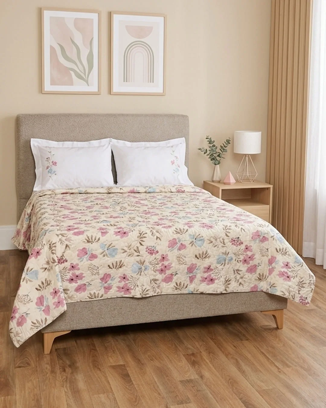 Colcha Casal Queen Arte&Cazza Estampada Floral Bege