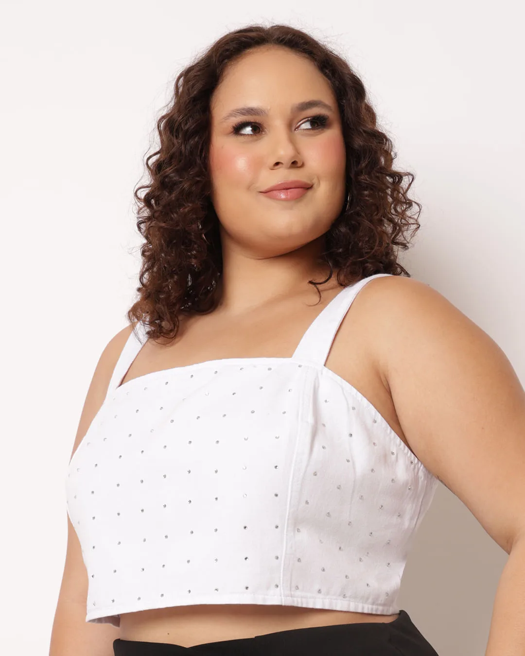 Blusa Cropped Plus Size Feminina Sarja com Strass Branco