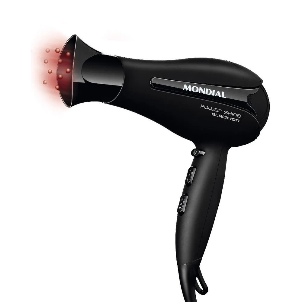 Secador de Cabelo Mondial Power Shine SC-13 Preto Tourmaline Íon Brilho Intenso Jato Frio Secador Power Shine Mondial Black SC-13 Preto - 110v