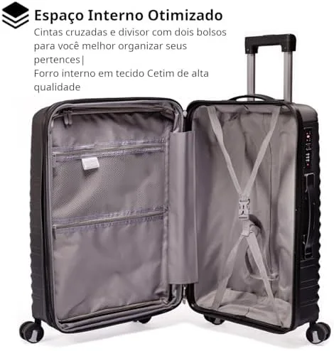 Mala Grande De Viagem 32Kg Polipropileno 8 Rodas 360 Giratória Para Despachar Rígida Leve Tamanho G Viajem Internacional Resistente (PRETO, GRANDE)