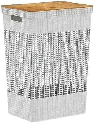 Ou Cesto de Roupas com Tampa de Bambu 49L Branco Oceano Linha Grid
