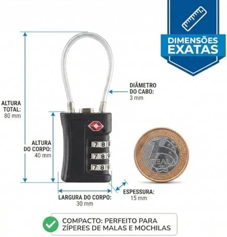 Cadeado com Segredo TSA 3 Dígitos para Mala de Viagem Mochila e Armário de Academia, Trava de Segurança em Aço Reforçado, Cor Preto (Preto)