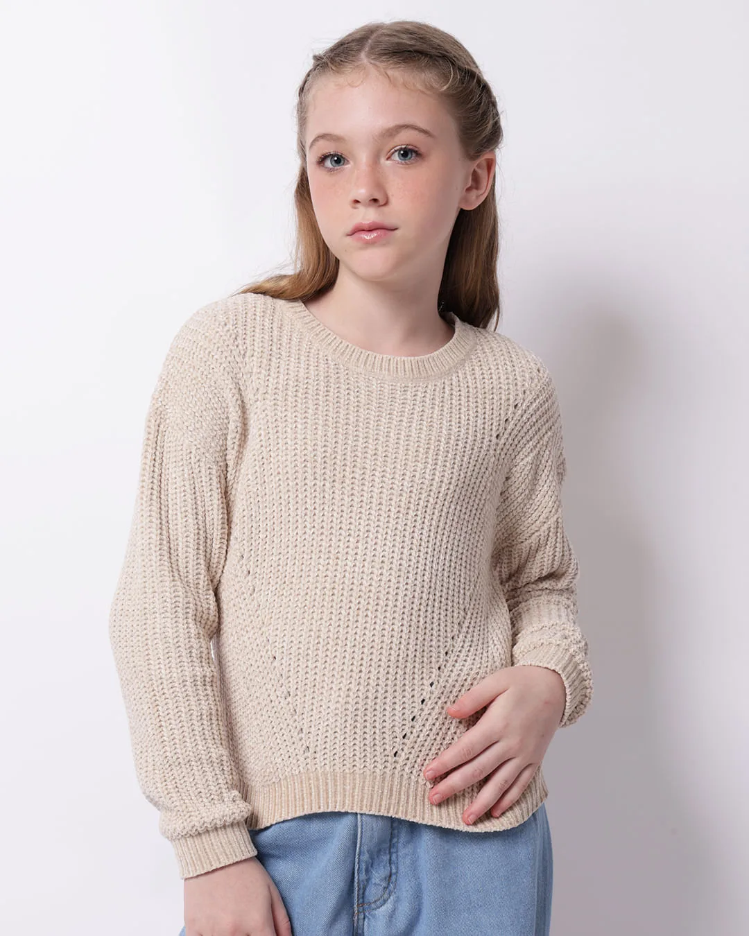 Suéter Juvenil Cropped Tricô Chenille Bege