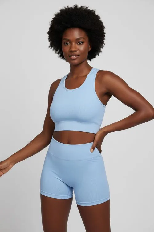 Top Cropped Feminino Canelado Seamless Azul Claro