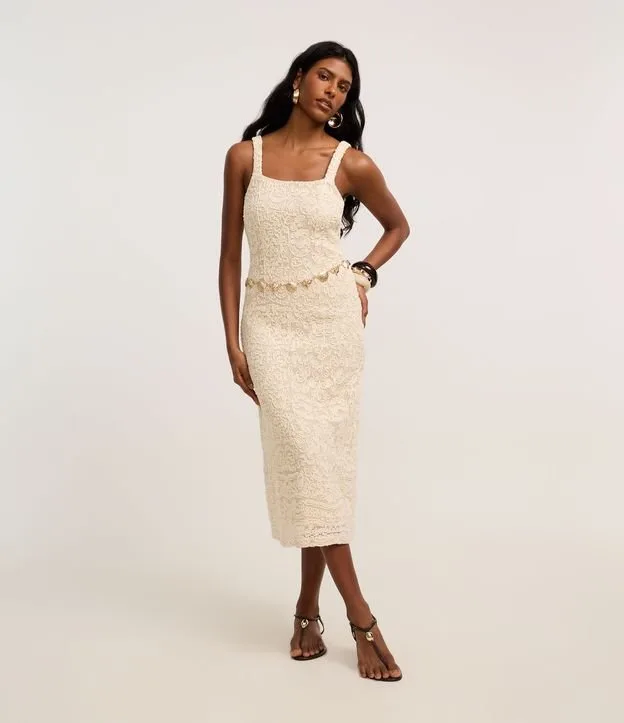 Vestido Long Midi em Renda com Cordas Bordadas