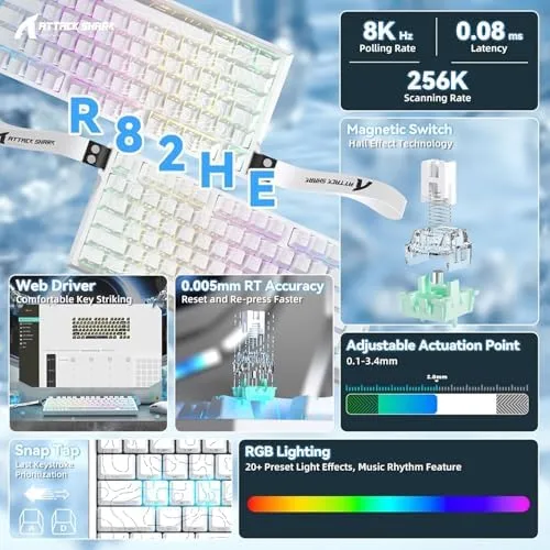 ATTACK SHARK R82 HE Teclado mecânico gamer com fio de gatilho rápido,polling de 8K,precisão de RT de 0,005 mm,taxa de varredura de 256K,amortecimento de som de 5 camadas,interruptor magnético (Branco)