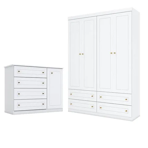 Cômoda e Guarda Roupa Infantil Americano 4 Portas Branco Hp - Henn