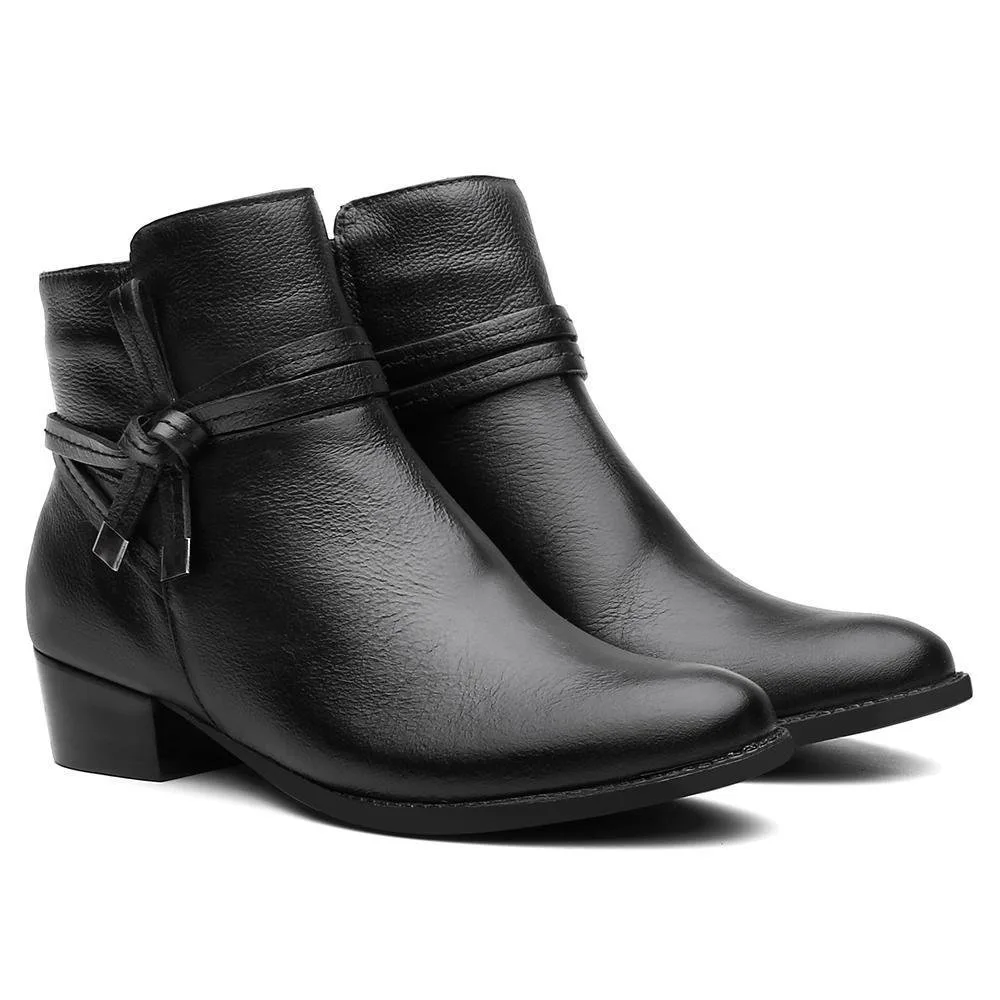 Bota Feminina Cano Curto Couro Salto Baixo Confortável Preto