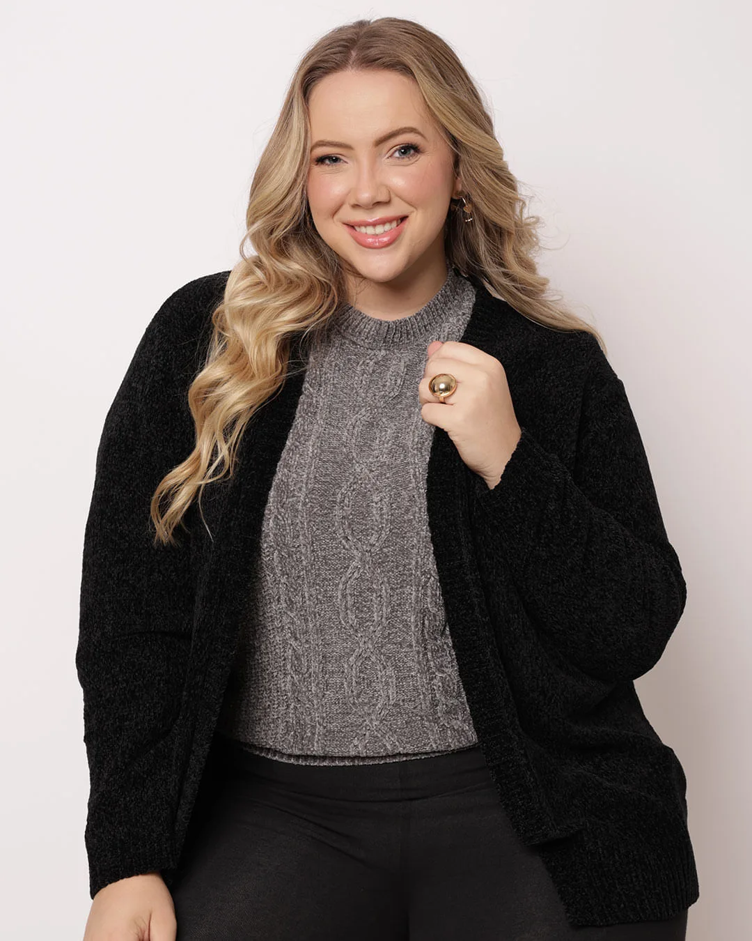 Cardigan Plus Size Feminino Chenille Preto