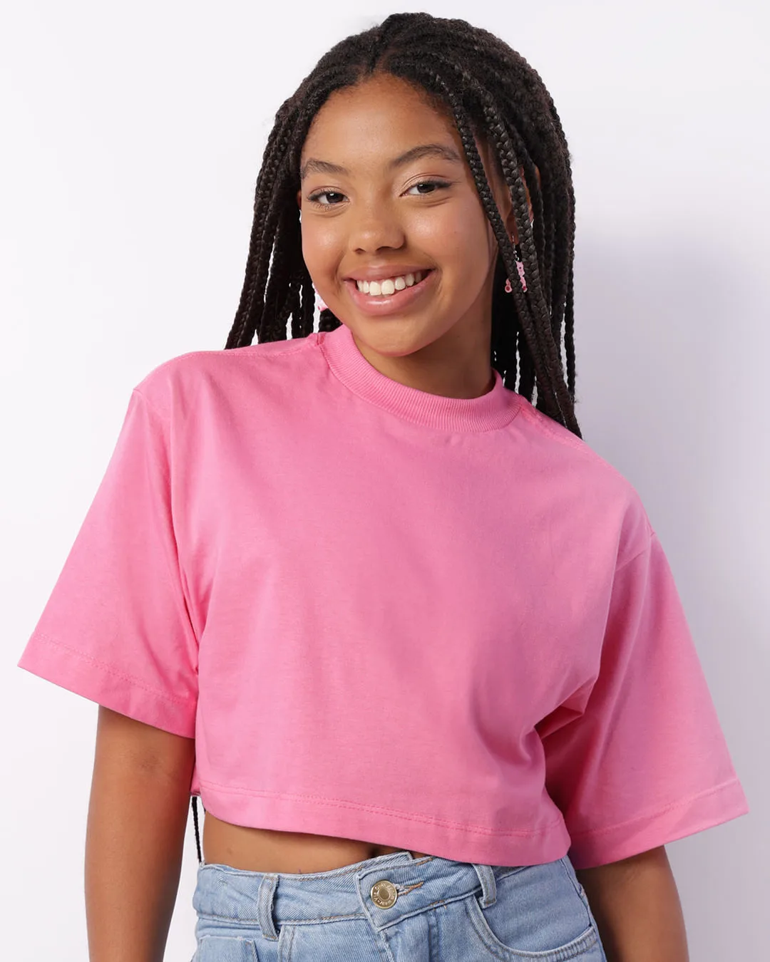 Blusa Juvenil Cropped Manga Curta Rosa