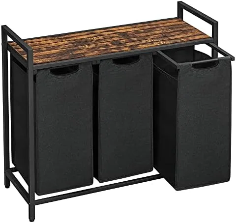 VASAGLE Cesto de Roupa, 3 Compartimentos, Sacos de Roupa Deslizantes e Removíveis, Organizador de Lavanderia, Prateleira, Estrutura de Metal, Marrom Rústico e Preto Tinta BRBLH301B01V1