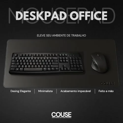 Mouse Pad Desk Pad Couse em Couro Ecológico 90x40cm + Porta-Copos Premium (Preto)