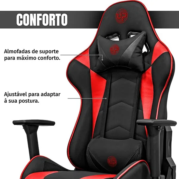Cadeira Gamer UP X153DB com Braço 3D, Encosto Inclinável 180, Almofadas de Pescoço e lombar e Assento Ajustável - Preta e Vermelha - CX 1 UN
