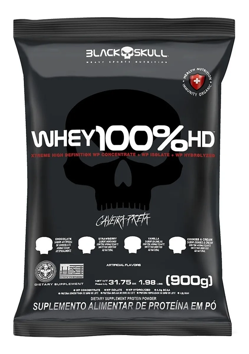 Suplemento em Pó 100% Hd Refil Black Skull - 900g Wpc Wpi E Wph Sabor Chocolate
