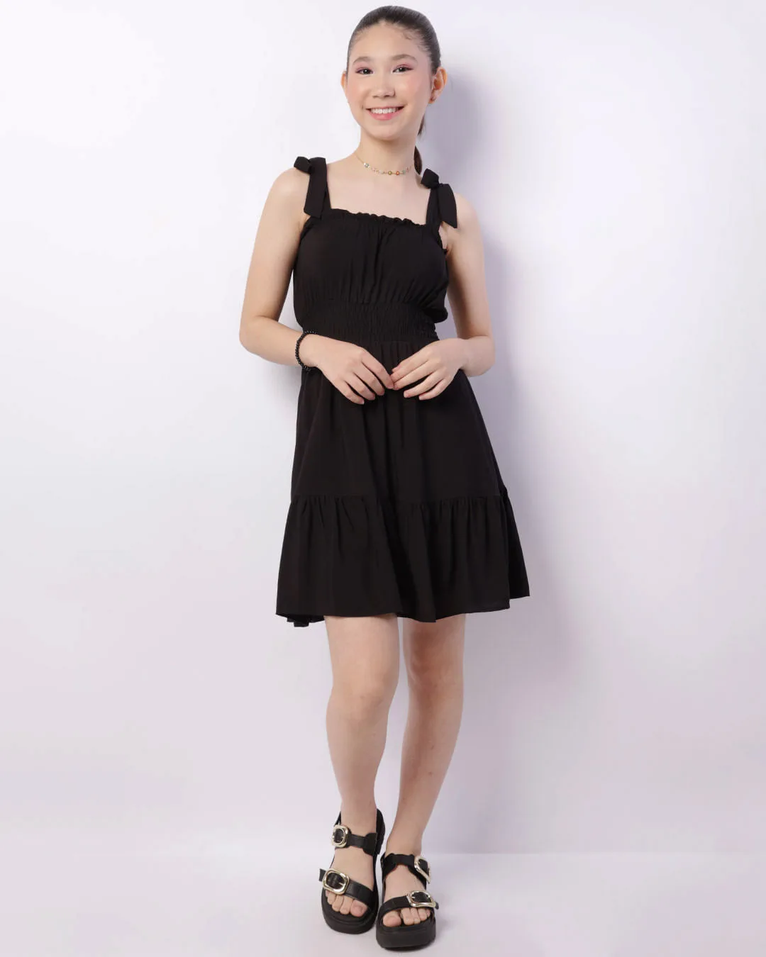 Vestido Juvenil Curto Viscose Lastex Com Babado Preto