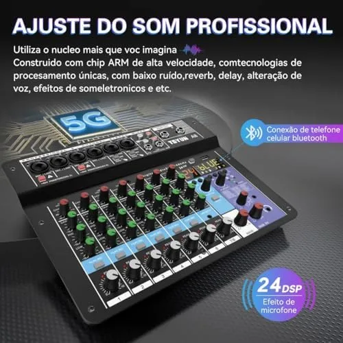 A8 Console de mistura,8 Canais Mixer Profissional para Shows ao Vivo, Karaokê - USB/Bluetooth, Efeito de Reverb, Saída de Monitoração, Controle de Som Estúdio e Palco (Alimentação 110V/127V/220V)