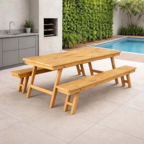 Conjunto Mesa Rústica com Bancos Madeira Maciça 2,40m Área Externa Churrasco Jardim