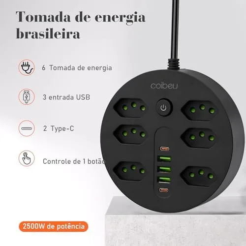 Extensão Tomada, Régua Tomada, Régua de Energia, 6 Tomadas, 3 Interfaces USB, 2 Porta USB Tipo-C, Cabo de Alimentação de 1,9 metros, Suporte a Tensão de 110-220V, Potência de 2500W, Preto